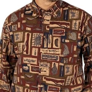 Vintage Woolrich Outdoorwear Fishing Canoe Print Shirt L 90s Made in Peru Cotton